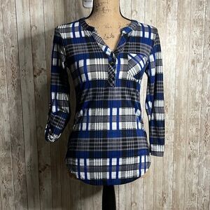 3/$15 ☮️ Alt Ego V-Neck Blue Madras 3/4 Sleeve Top